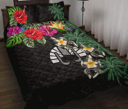 Tahiti Polynesian Quilt Bed Set - Hibiscus Turtle Tattoo Black