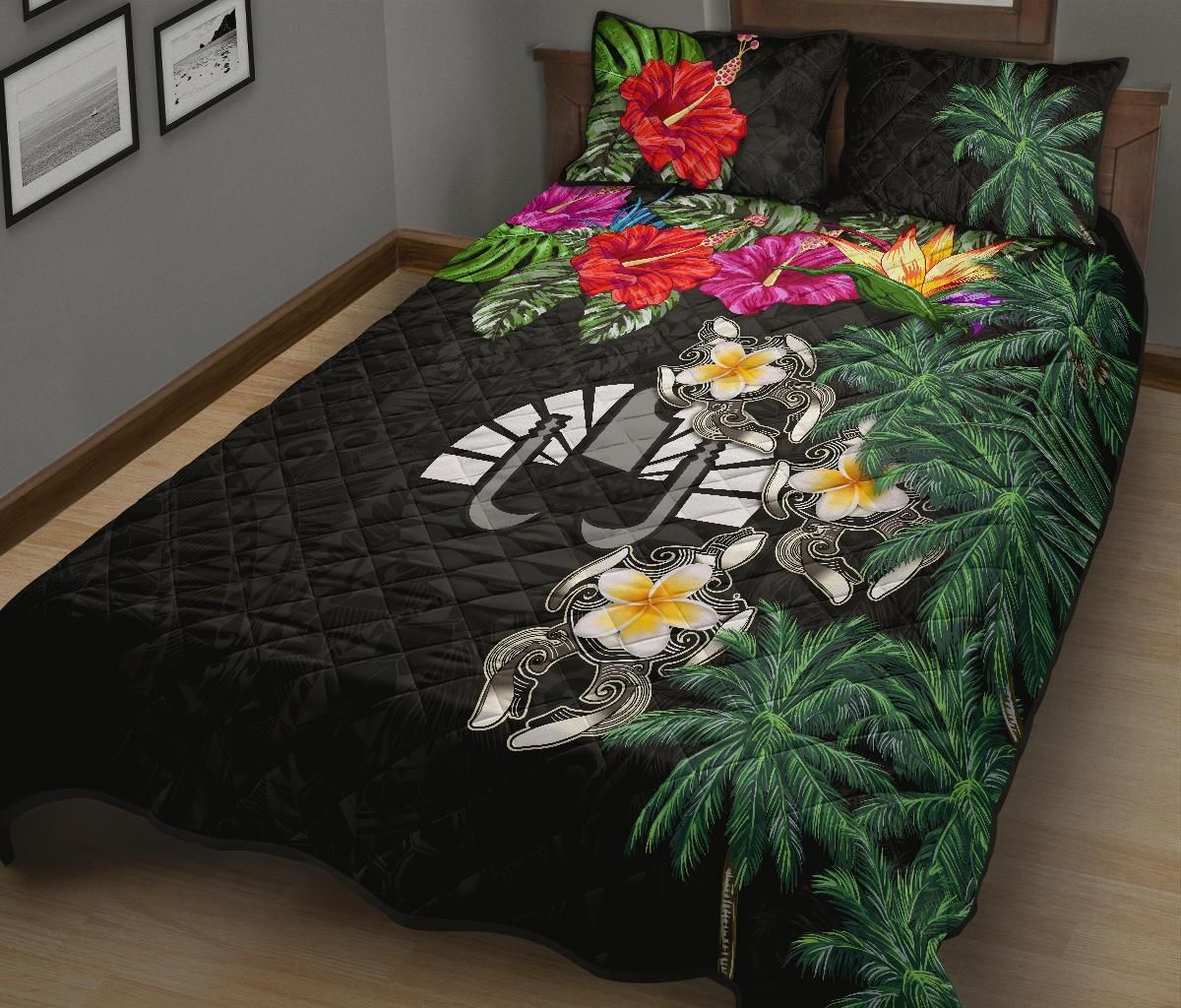 Tahiti Polynesian Quilt Bed Set - Hibiscus Turtle Tattoo Black
