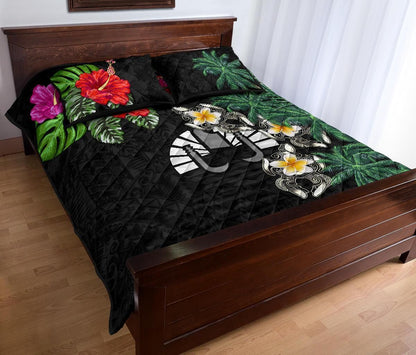 Tahiti Polynesian Quilt Bed Set - Hibiscus Turtle Tattoo Black