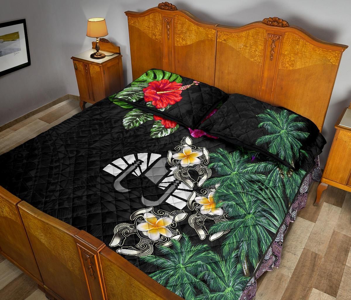 Tahiti Polynesian Quilt Bed Set - Hibiscus Turtle Tattoo Black