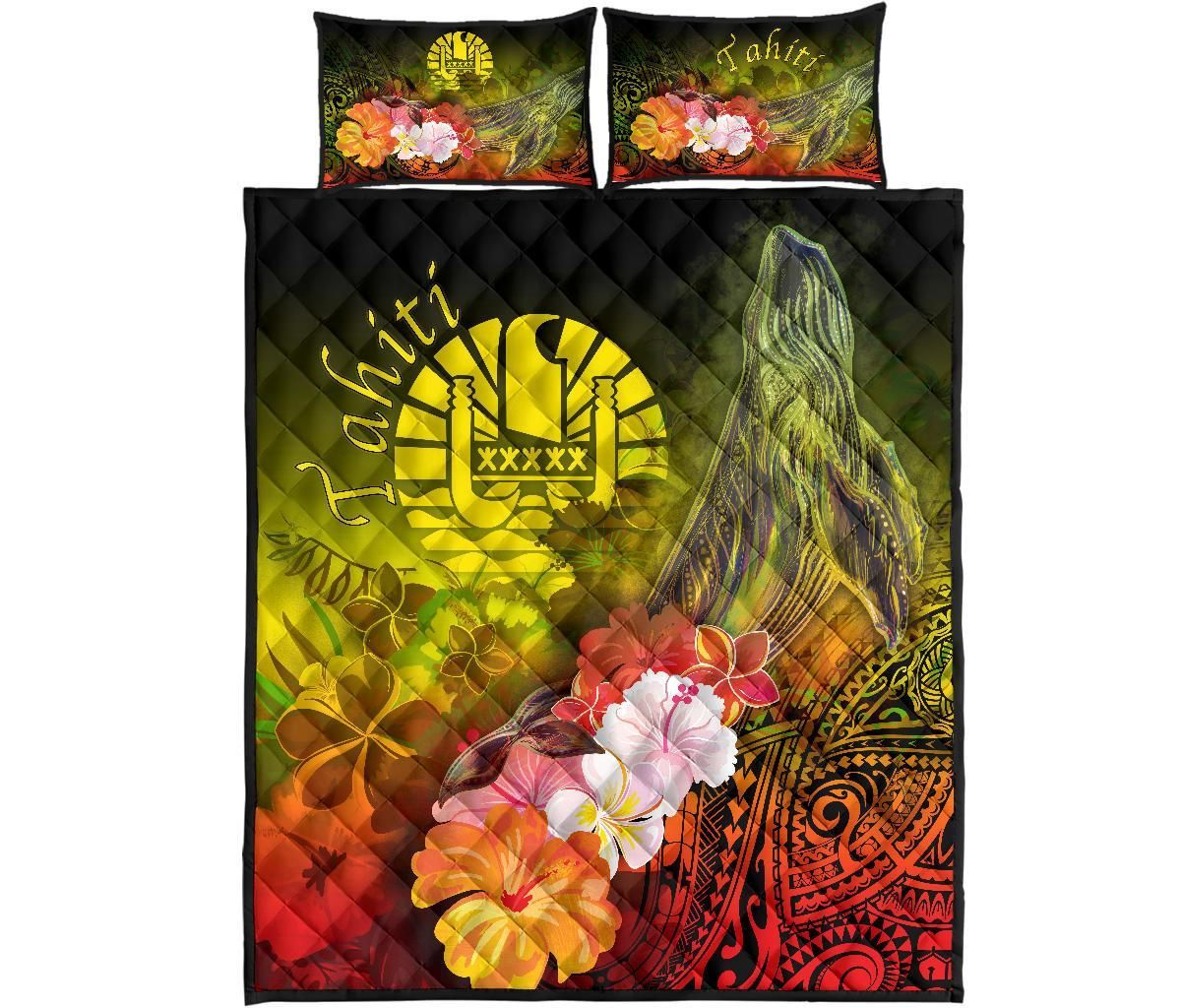 Tahiti Quilt Bed Set - Humpback Whale with Tropical Flowers (Yellow)