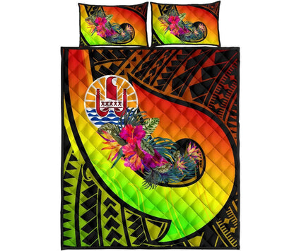 Tahiti Quilt Bed Set - Polynesian Hook And Hibiscus (Reggae)