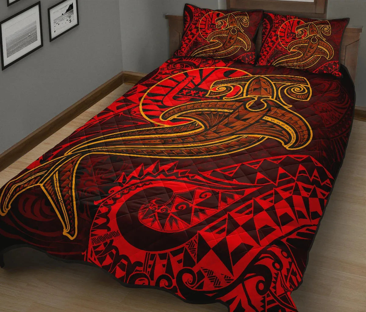 Tahiti Quilt Bed Set - Red Shark Polynesian Tattoo
