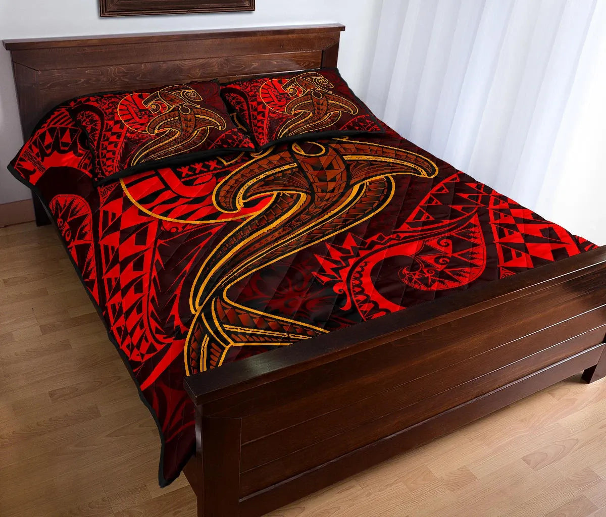 Tahiti Quilt Bed Set - Red Shark Polynesian Tattoo