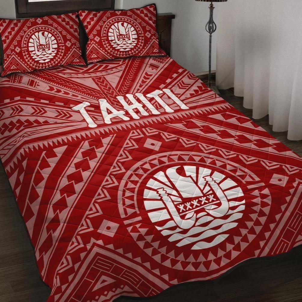 Tahiti Quilt Bed Set - Tahiti Seal In Polynesian Tattoo Style (Red)