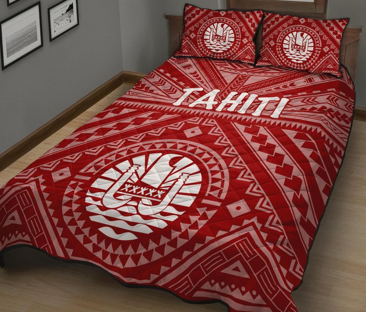Tahiti Quilt Bed Set - Tahiti Seal In Polynesian Tattoo Style (Red)