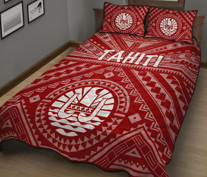 Tahiti Quilt Bed Set - Tahiti Seal In Polynesian Tattoo Style (Red)