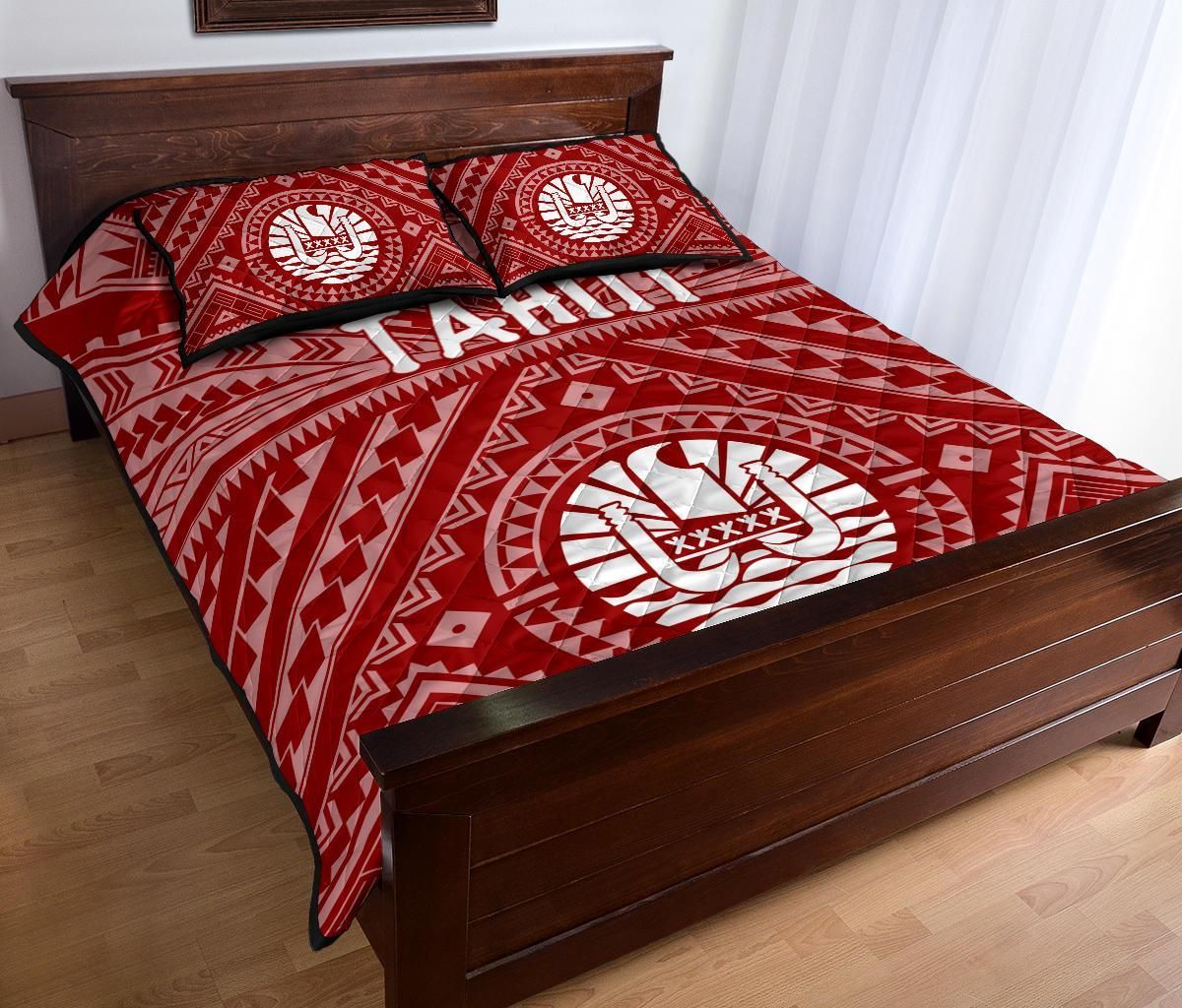 Tahiti Quilt Bed Set - Tahiti Seal In Polynesian Tattoo Style (Red)