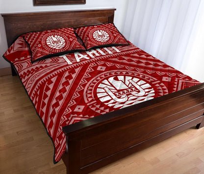 Tahiti Quilt Bed Set - Tahiti Seal In Polynesian Tattoo Style (Red)