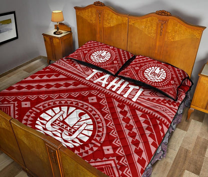 Tahiti Quilt Bed Set - Tahiti Seal In Polynesian Tattoo Style (Red)
