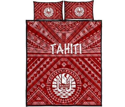 Tahiti Quilt Bed Set - Tahiti Seal In Polynesian Tattoo Style (Red)