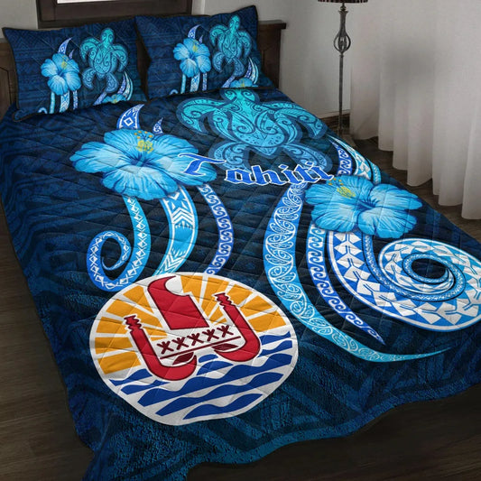 Tahiti Quilt Bed Set - Turtle and Tribal Tattoo Of Polynesian