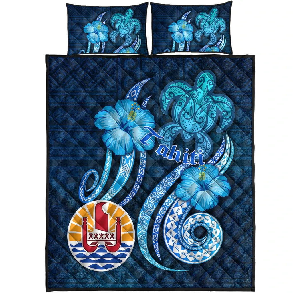 Tahiti Quilt Bed Set - Turtle and Tribal Tattoo Of Polynesian