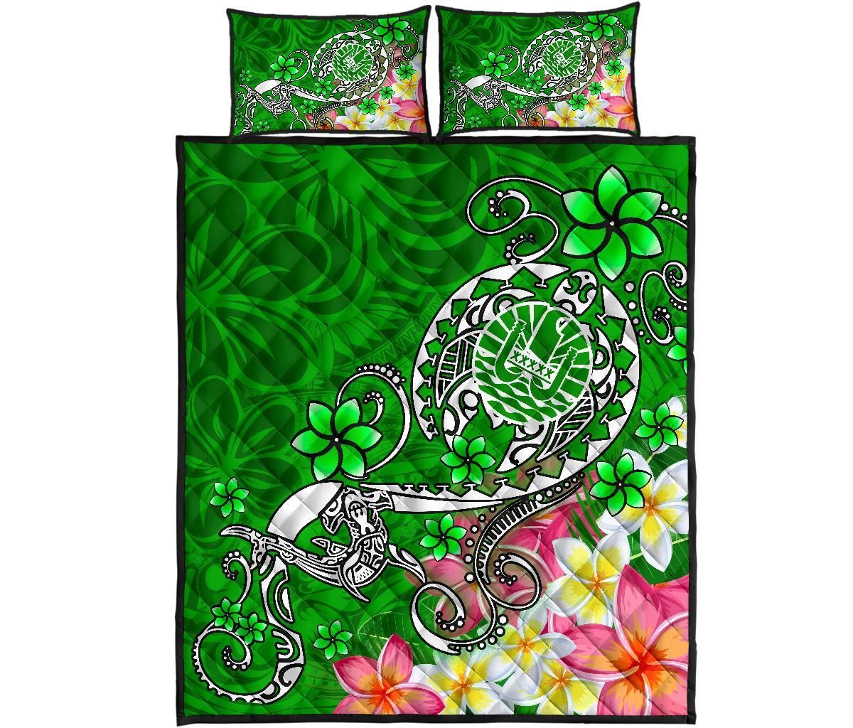 Tahiti Quilt Bed Set - Turtle Plumeria (Green)