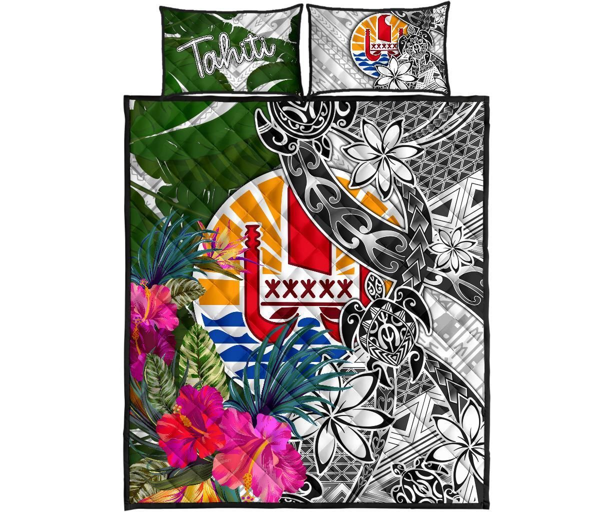 Tahiti Quilt Bed Set White - Turtle Plumeria Banana Leaf