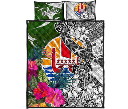 Tahiti Quilt Bed Set White - Turtle Plumeria Banana Leaf