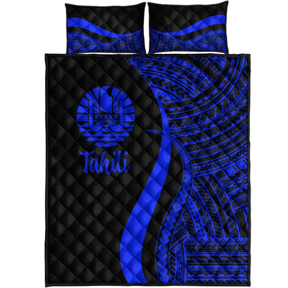 Tahiti Quilt Bed Set - Blue Polynesian Tentacle Tribal Pattern