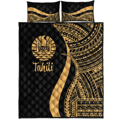 Tahiti Quilt Bed Set - Gold Polynesian Tentacle Tribal Pattern