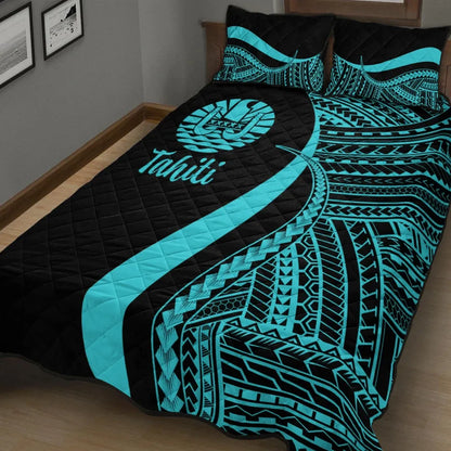 Tahiti Quilt Bed Set - Turquoise Polynesian Tentacle Tribal Pattern