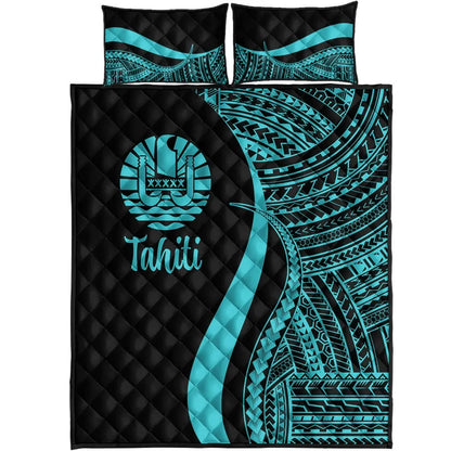 Tahiti Quilt Bed Set - Turquoise Polynesian Tentacle Tribal Pattern