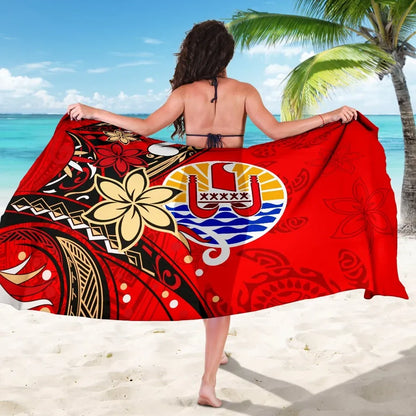 Tahiti Sarong - Tribal Flower With Special Turtles Red Color