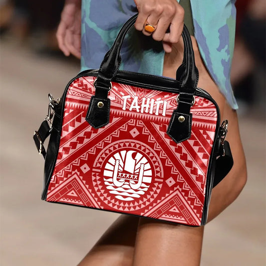 Tahiti Shoulder Handbag - Tahiti Seal In Polynesian Tattoo Style (Red)