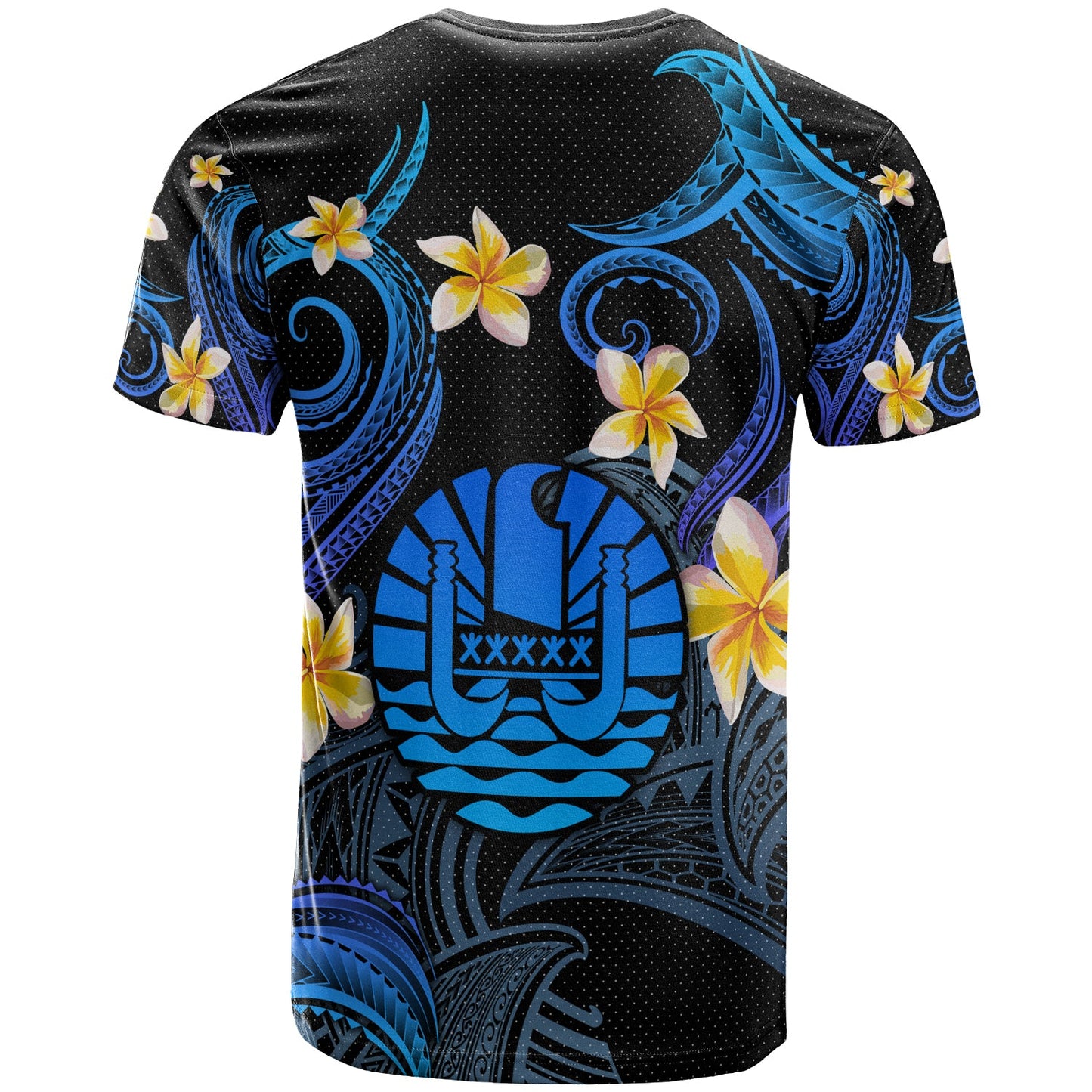 Tahiti T-shirt - Custom Personalised Polynesian Waves with Plumeria Flowers (Blue)