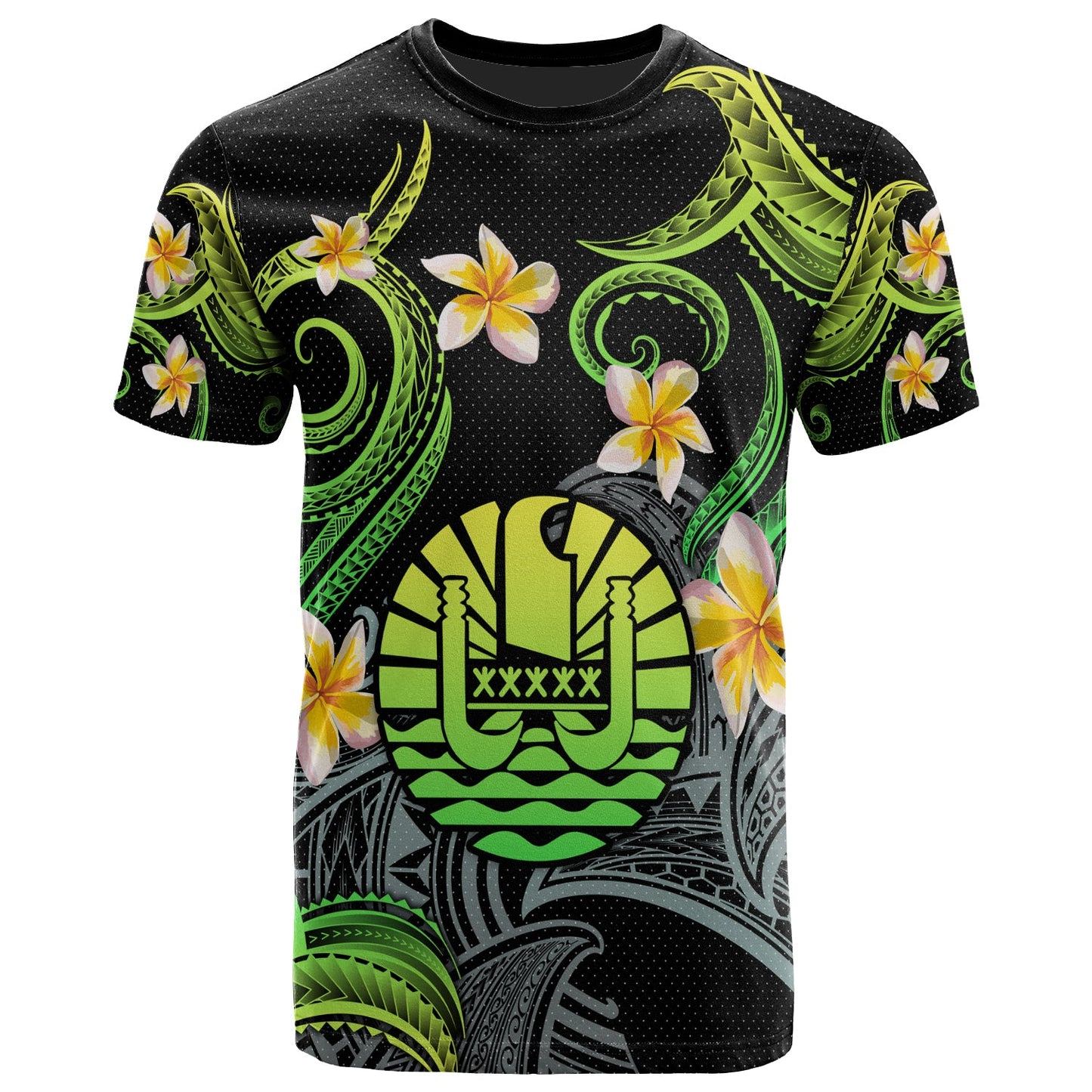 Tahiti T-shirt - Custom Personalised Polynesian Waves with Plumeria Flowers (Green)