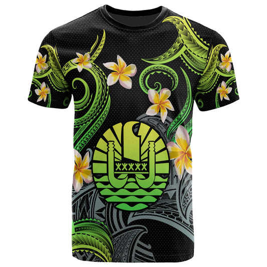 Tahiti T-shirt - Custom Personalised Polynesian Waves with Plumeria Flowers (Green)