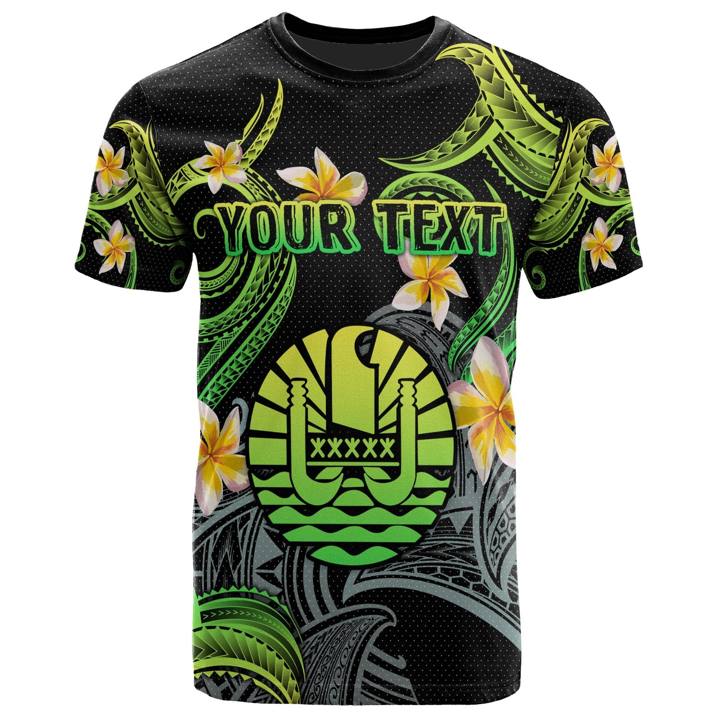Tahiti T-shirt - Custom Personalised Polynesian Waves with Plumeria Flowers (Green)