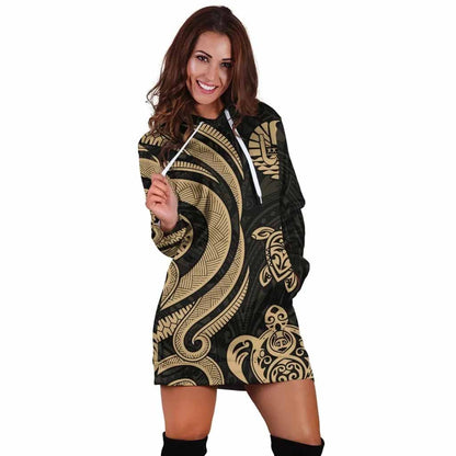 Tahiti Female Hoodie Dress - Gold Tentacle Turtle