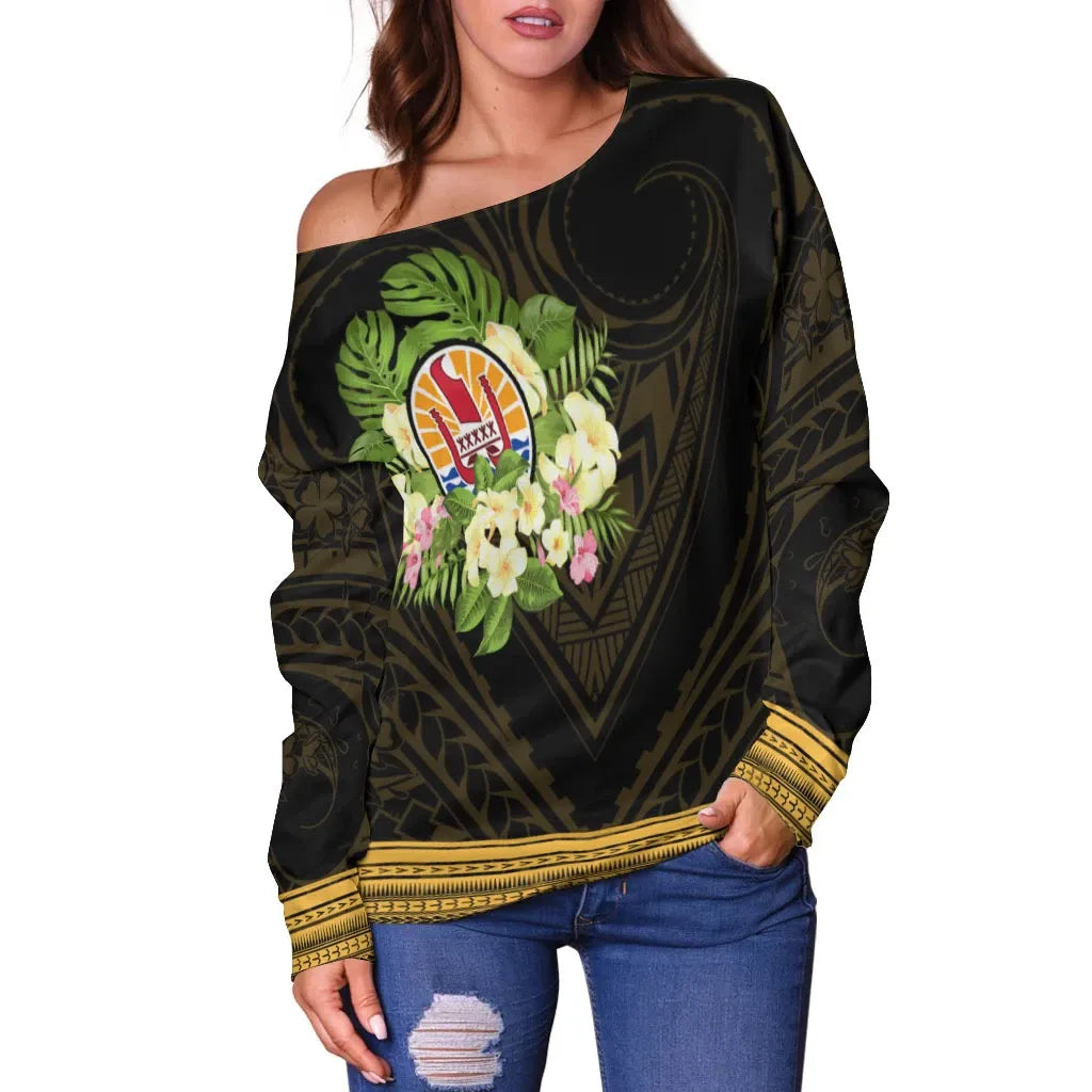 Tahiti Women Off Shoulder Sweater - Polynesian Gold Patterns Collection