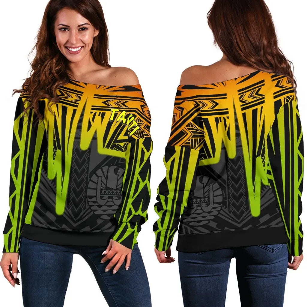 Tahiti Women Off Shoulder Sweater - Tahiti Seal In Heartbeat Patterns Style (Reggae)