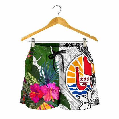 Tahiti Women Shorts White - Turtle Plumeria Banana Leaf