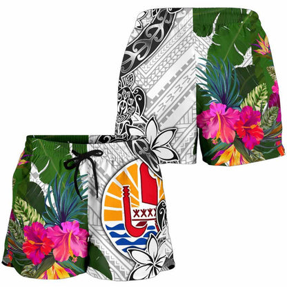 Tahiti Women Shorts White - Turtle Plumeria Banana Leaf