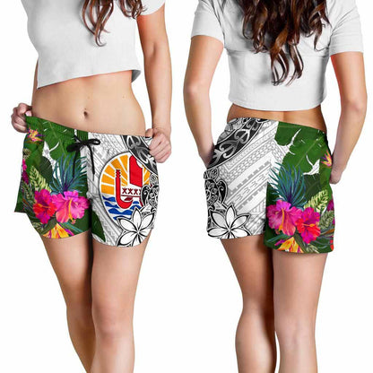Tahiti Women Shorts White - Turtle Plumeria Banana Leaf