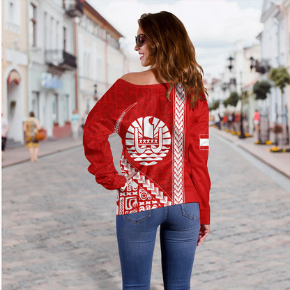 Tahiti Off Shoulder Sweatshirt Tribal Fabric And Coat Of Arms