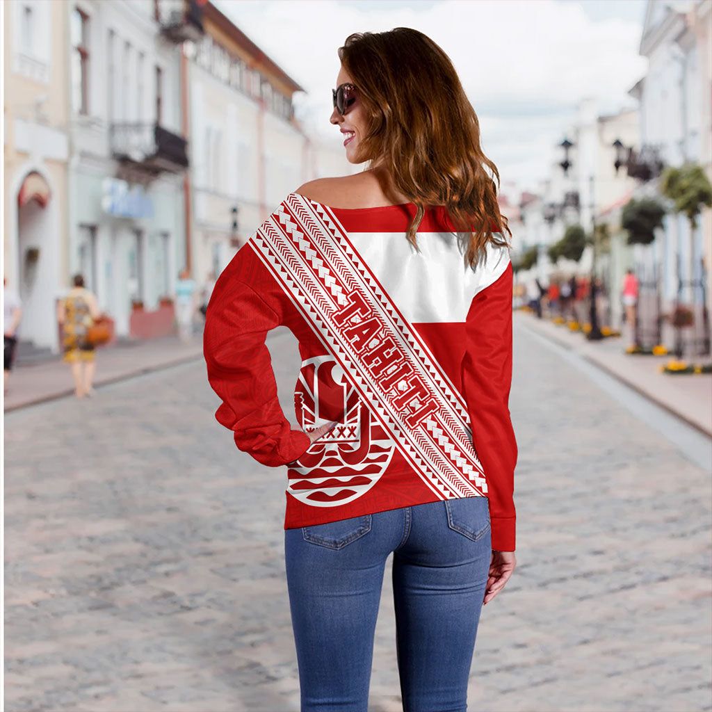 Tahiti Off Shoulder Sweatshirt Flag And Coat Of Arms
