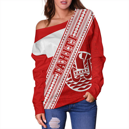 Tahiti Off Shoulder Sweatshirt Flag And Coat Of Arms