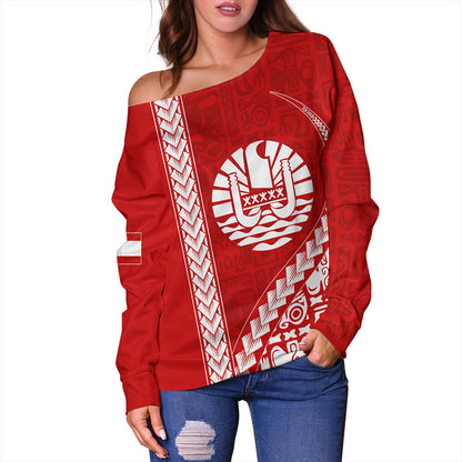Tahiti Off Shoulder Sweatshirt Tribal Fabric And Coat Of Arms