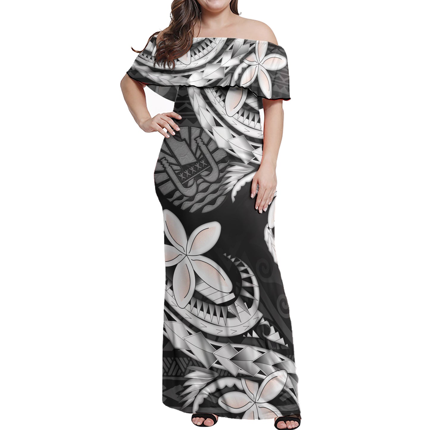 Tahiti Combo Off Shoulder Long Dress And Shirt Polynesian Patterns Plumeria Flowers Special Style