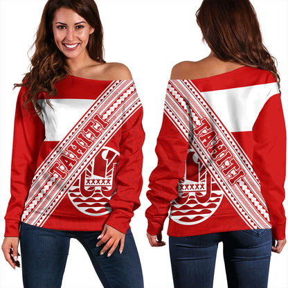 Tahiti Off Shoulder Sweatshirt Flag And Coat Of Arms
