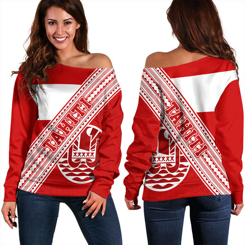 Tahiti Off Shoulder Sweatshirt Flag And Coat Of Arms