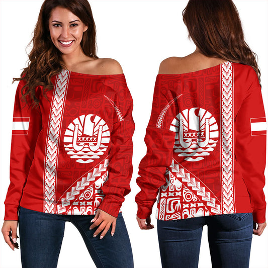 Tahiti Off Shoulder Sweatshirt Tribal Fabric And Coat Of Arms