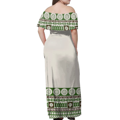 Fiji Woman Off Shoulder Long Dress Tapa Pattern Green