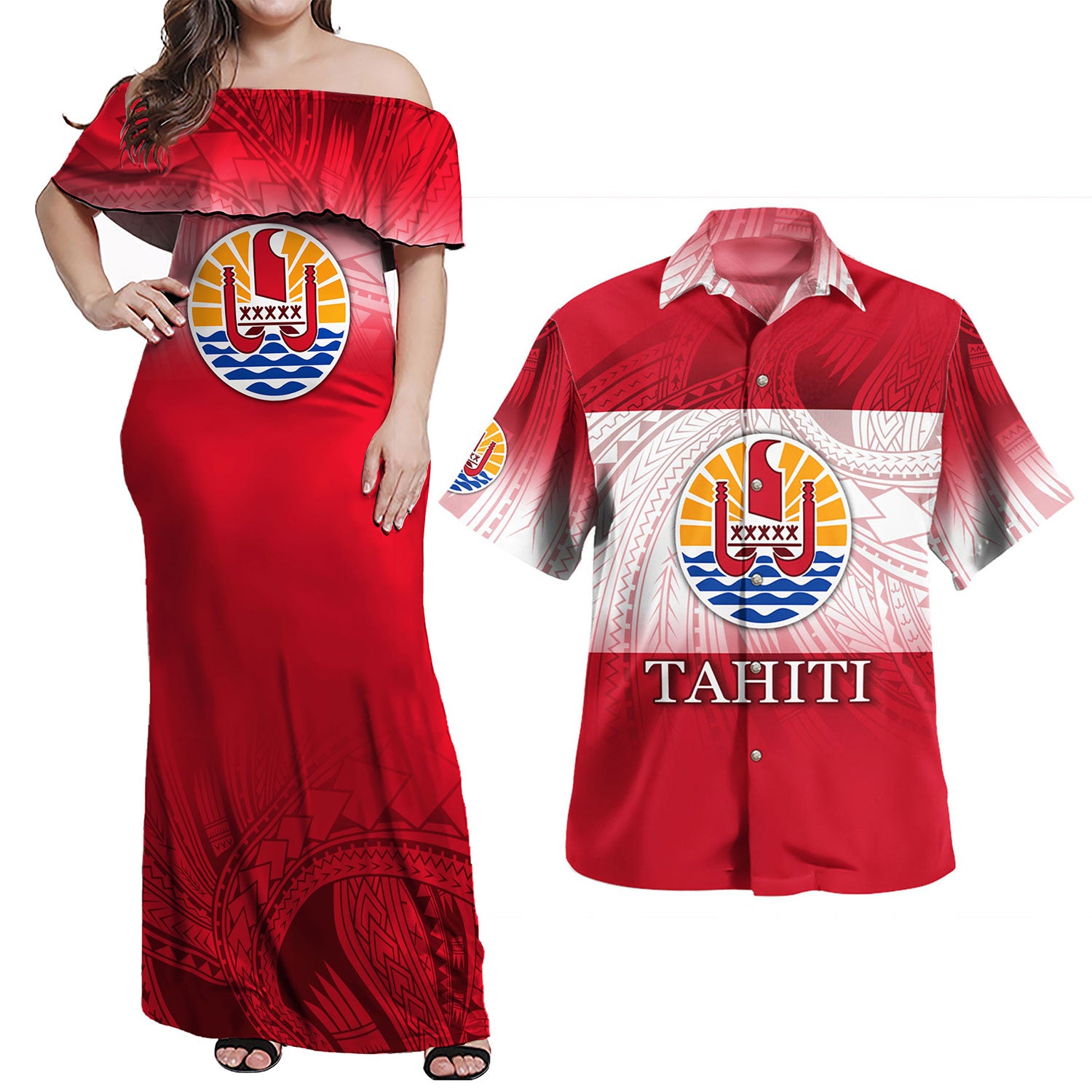 Tahiti Combo Dress And Shirt Flag Color With Traditional Patterns