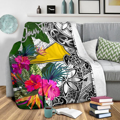 Tokelau Custom Personalised Premium Blanket White - Turtle Plumeria Banana Leaf