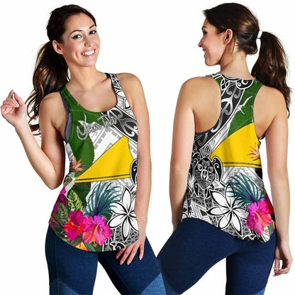 Tokelau Custom Personalised Women Racerback Tank White - Turtle Plumeria Banana Leaf