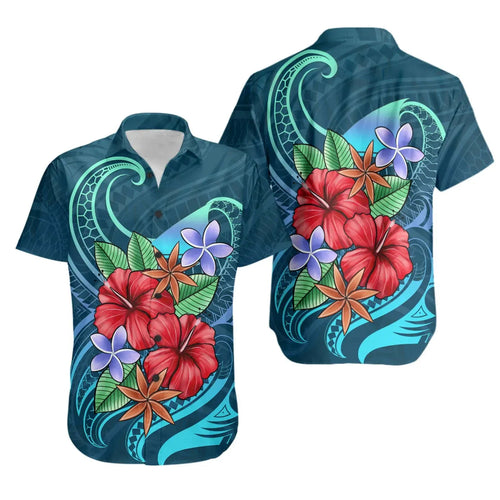 Tokelau Short Sleeve Shirt - Blue Pattern With Tropical Flowers