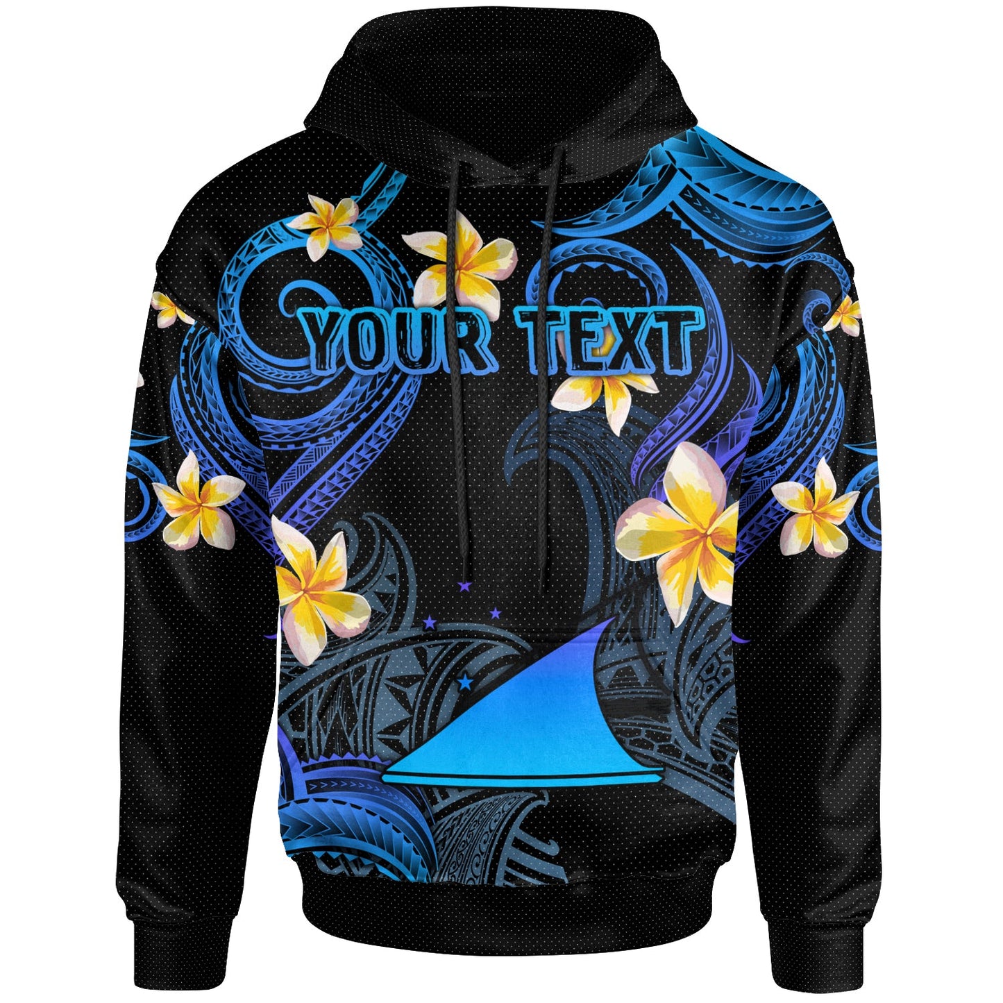 Tokelau Hoodie - Custom Personalised Polynesian Waves with Plumeria Flowers (Blue)